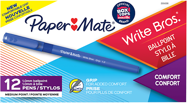 Box of 12 Paper Mate Write Bros. blue ballpoint pens with comfortable grip, medium point, 1.0mm.