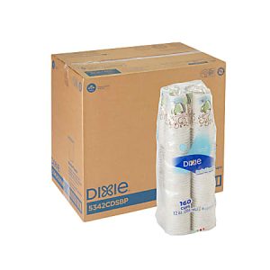 Dixie 12 oz paper cups in a plastic package alongside a large cardboard box with branding and product code 5342CDSBP.