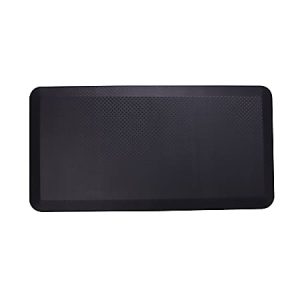 Black rectangular anti-fatigue mat with a textured surface, designed for comfort during prolonged standing.