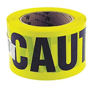 Yellow caution tape roll with large black letters, partially visible.