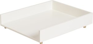 White wooden stackable organizer tray with short legs.