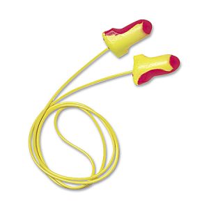 Yellow and red foam earplugs with a connecting cord, designed for noise reduction and hearing protection.