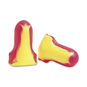 Two yellow and red foam earplugs on a white background.