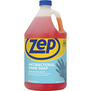 Zep antibacterial hand soap, 1-gallon bottle with a blue cap, reduces bacteria and is effective for frequent handwashing.