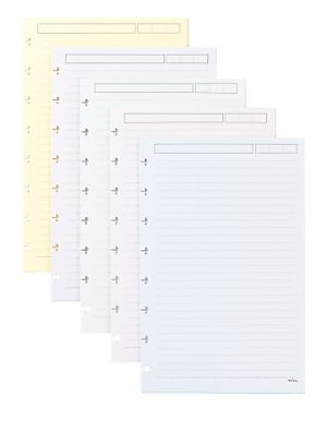 Five pastel-colored, lined, loose-leaf notebook pages, each featuring a header section and holes for binding.