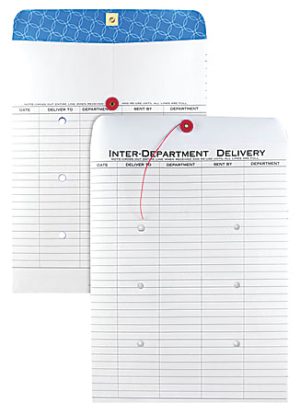Two inter-departmental delivery envelopes with string closures, featuring columns for date, department, and sender information.
