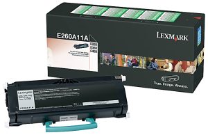 Lexmark E260A11A toner cartridge with packaging for E260, E360, E460 printers, featuring branding and product details.