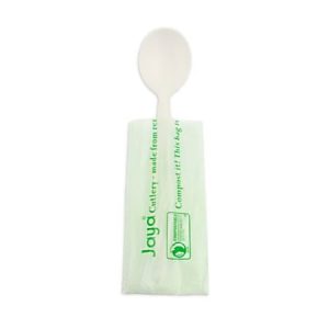 Compostable spoon packaged in a light green wrapper with "Jaya" branding and eco-friendly messages.