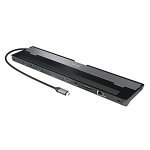 Slim USB-C docking station with multiple ports, including HDMI, USB, and Ethernet, for enhanced connectivity.