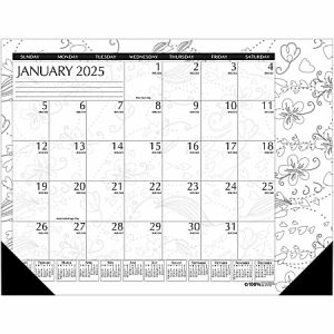January 2025 desk calendar with floral designs, displaying dates and miniature calendars for the entire year at the bottom.