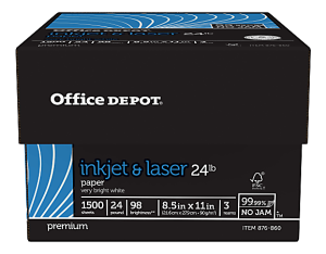 Office Depot inkjet and laser paper box, 1500 sheets, 24lb, 8.5x11 inches, 98 brightness, no-jam guarantee.