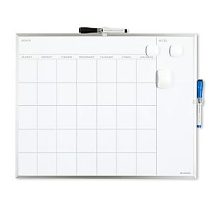 Magnetic whiteboard calendar with markers and magnets, featuring days of the week and space for notes at the top.