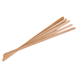 Five wooden coffee stirrers fanned out on a plain background.