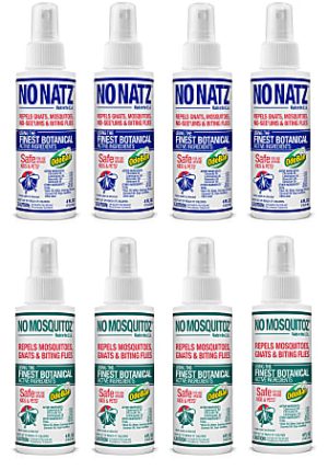 Eight spray bottles of insect repellent: four labeled "No Natz" and four labeled "No Mosquitoz" with botanical ingredients.