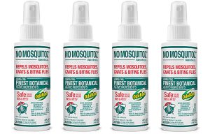 Four bottles of No Mosquitoz spray, labeled to repel mosquitoes, gnats, and biting flies, safe for kids and pets.