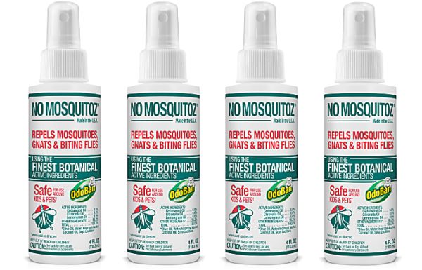 Four bottles of No Mosquitoz spray, labeled to repel mosquitoes, gnats, and biting flies, safe for kids and pets.