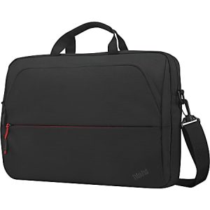 Black laptop bag with a red zipper pocket, handles, and an adjustable shoulder strap, featuring a sleek design.