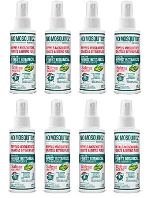 Eight spray bottles of No Mosquitoz repellent, designed to repel mosquitoes, gnats, and biting flies. Safe and botanical.