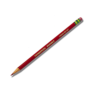 Red Ticonderoga erasable pencil with a sharpened tip, gold ferrule, and pink eraser on a white background.
