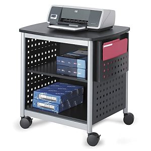 Black printer on a wheeled cart with shelves, storing paper and a folder, suitable for office use.