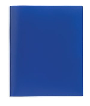 Blue plastic folder with a smooth finish, shown closed and standing upright against a white background.