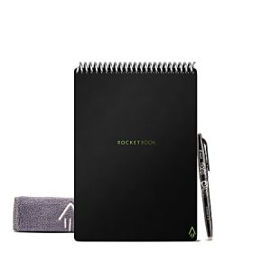 Black Rocketbook notebook with a spiral binding, accompanied by a Pilot FriXion pen and a microfiber cloth.