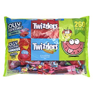 Bag of assorted candy featuring Jolly Rancher Chews, Twizzlers Strawberry, and Twizzlers Rainbow. Contains 260 pieces.