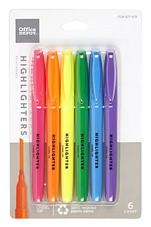 Pack of six chisel tip highlighters in assorted colors: orange, pink, yellow, green, blue, and purple, Office Depot brand.