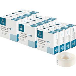 Boxes of Business Source invisible tape are stacked, with a roll of tape visible in the foreground.