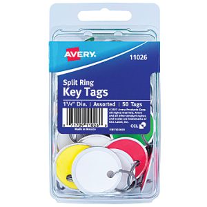 Avery split ring key tags in assorted colors, package of 50, 1 1/4" diameter, displayed in clear plastic case.