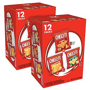 Two red boxes of Cheez-It snack packs, each containing 12 packs with three flavor varieties displayed on the packaging.