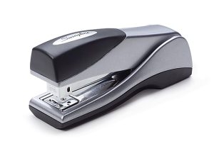 Gray and black metal stapler on a white background.