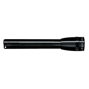 Black Maglite flashlight with a textured grip and cylindrical body, shown against a white background.