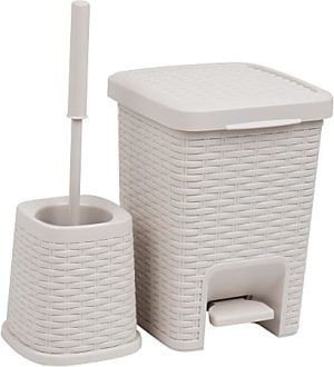 White rattan-patterned bathroom set with a pedal bin and a toilet brush holder.