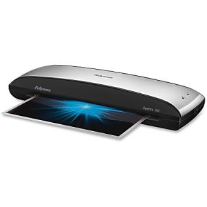A silver Fellowes laminator in use, laminating a sheet with a blue design.