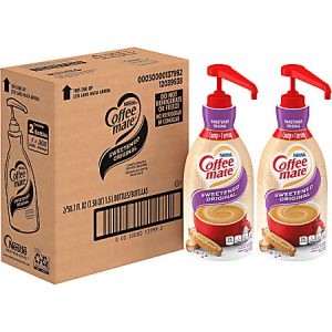 Coffee mate Sweetened Original creamer set with pump dispensers next to a cardboard box containing two bottles.