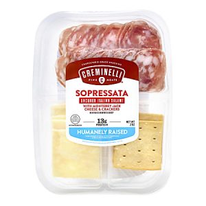 Packaged snack with Creminelli Sopressata salami, Monterey Jack cheese, and crackers; labeled humanely raised, 13g protein.