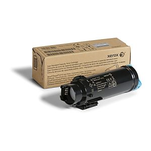 Xerox cyan toner cartridge and its packaging box, placed on a white background.