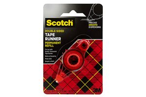Packaging of Scotch double-sided tape runner refill, featuring a clear dispenser on plaid background with brand logo.