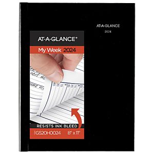 AT-A-GLANCE My Week 2024 planner with a black cover resists ink bleed, measures 8"x11", and features a weekly layout.