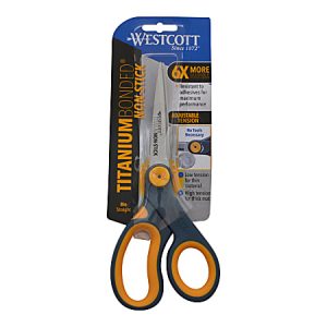 Westcott titanium-bonded scissors, 8-inch, with black and orange handle, in packaging highlighting durability features.