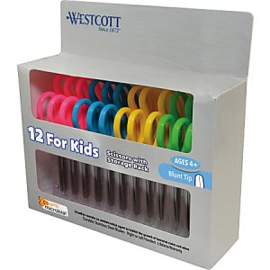 Box of 12 Westcott kid's scissors with colorful handles, blunt tips, and antimicrobial protection, suitable for ages 4+.