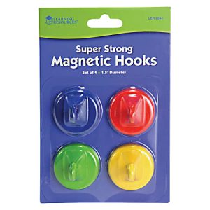 Pack of four 1.5-inch super strong magnetic hooks in blue, red, green, and yellow by Learning Resources.