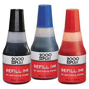 Three bottles of 2000 Plus refill ink for self-inking stamps in black, blue, and red, each containing 25 cc (0.9 oz).