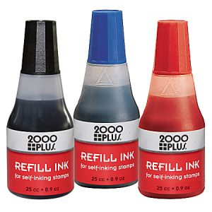 Three bottles of 2000 Plus refill ink for self-inking stamps in black, blue, and red, each 25 cc (0.9 oz).