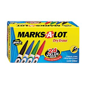 Box of 24 Marks-A-Lot dry erase markers with black, red, blue, and green colors, labeled as low odor and value pack.
