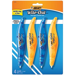 BIC Wite-Out correction tape pack with two blue and two orange pens, labeled "Holds Like a Pen," 19.8 ft each.