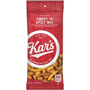 Bag of Kar's Sweet 'N Spicy Mix, 1.75 oz, gluten-free trail mix with 260 calories per pack. Red packaging.