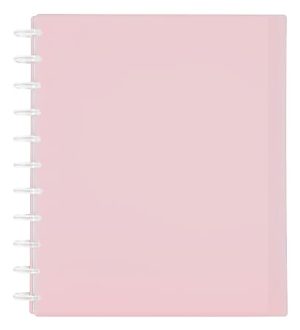 Pink translucent notebook with white disc binding, front view.