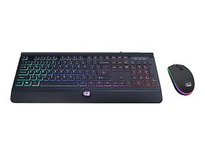 RGB backlit keyboard and mouse set, featuring a sleek black design with colorful lighting effects.